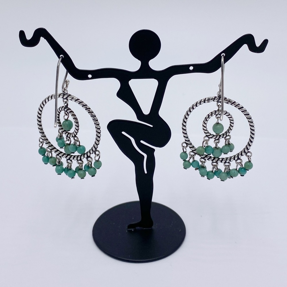 Sterling Silver Signed 925 Beaded Turquoise Stone Layer Circle Dangle Earrings